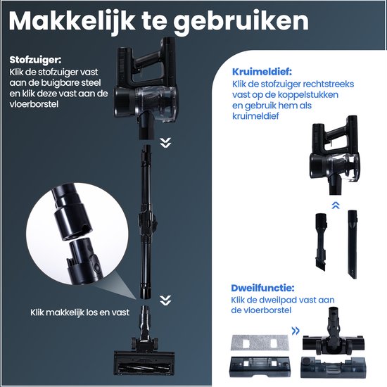 Aspirateur à manche G100M - 350W - Aspirateur à manche avec fonction serpillière - Aspirateur à manche sans fil - set de 9 pièces avec manche pliable - 35kPa - Aspirateur à poussière - Noir - Saaf