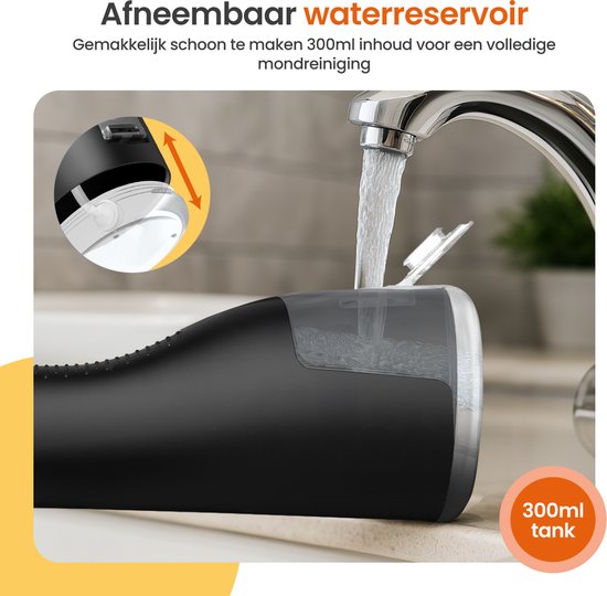 Fil dentaire Goliving - 5 accessoires - 4 supports - sac de voyage inclus - bain de bouche 300 ml - Fil dentaire électrique - sans fil et rechargeable par USB - noir