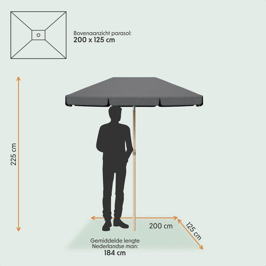 LifeGoods Parasol - Jardin - Parasol de balcon - 200x125cm - 30° inclinable - Imperméable - UPF50+ - Revêtement en bois - Gris foncé