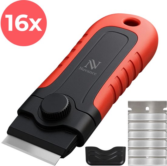 Nuvance Grattoir à vitre - 16 couteaux inclus - Nettoyeur de table de cuisson - Grattoir à vitre et à peinture - Table de cuisson à induction et vitrocéramique - Rouge