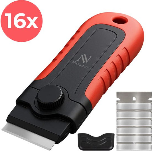 Nuvance Grattoir à vitre - 16 couteaux inclus - Nettoyeur de table de cuisson - Grattoir à vitre et à peinture - Table de cuisson à induction et vitrocéramique - Rouge