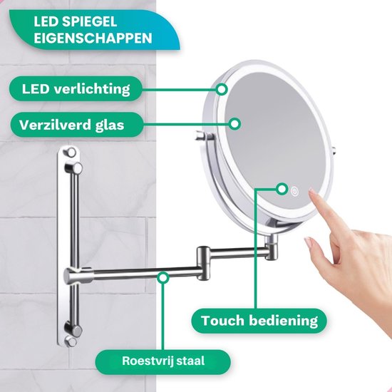 Mirlux Miroir de maquillage avec éclairage Led - rechargeable - grossissement 7X - Miroir grossissant avec lumière - Miroir de rasage - Miroir de salle de bain - Chrome