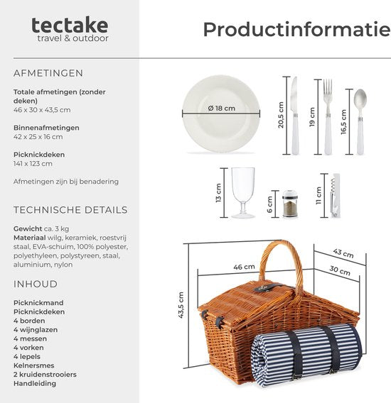 tectake® Set complet de paniers de pique-nique Vlieland - Set de luxe de 23 pièces pour 4 personnes - Panier de pique-nique en osier avec tapis de pique-nique - Comprend une glacière, des assiettes, des verres à vin en plastique et des couverts en acier i
