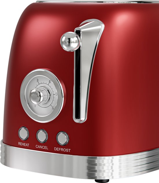 KitchenBrothers Retro Toaster - Grille-pain - 6 niveaux de chaleur - 2 fentes extra-larges - 815W - Rouge