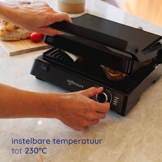 Safecourt Kitchen - Contact Grill 3-en-1 - Grille-pain, grille-pain et plaque de gril - Plaques amovibles - Sans PFAS - Noir