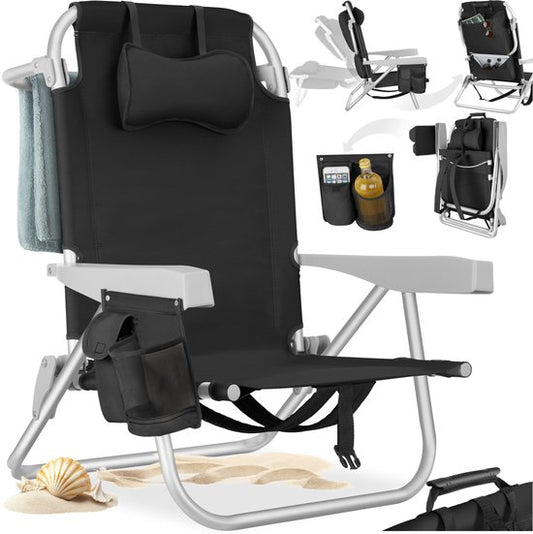 tectake® Beach Chair Coral - Chaise de camping pliable avec sac isotherme et sac de rangement - Dossier réglable en 5 sens avec coussin de tête - Accoudoirs larges avec porte-gobelet / porte-téléphone - Chaise de camping pliable - Noir