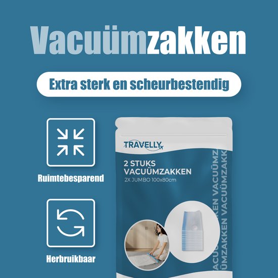 Travelly® Vacuum Bags & Travel Bags Set - Clothing Storage & Travel - Airtight - Reusable - Space-saving - Set of 2 - Transparent