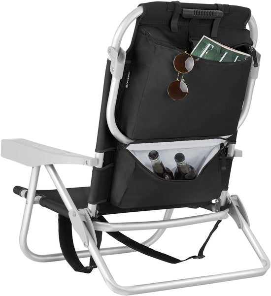 tectake® Beach Chair Coral - Chaise de camping pliable avec sac isotherme et sac de rangement - Dossier réglable en 5 sens avec coussin de tête - Accoudoirs larges avec porte-gobelet / porte-téléphone - Chaise de camping pliable - Noir