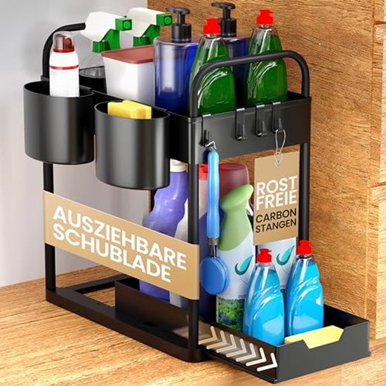 HELDENWERK - Rangement pour évier et cuisine - 2 pièces - plastique ABS noir - coulissant à 2 niveaux - pour cuisine et salle de bain - avec crochets et plateaux - espace de rangement maximal