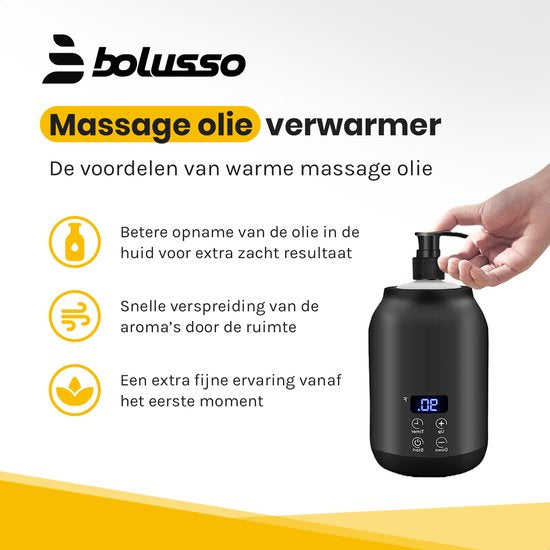 Bolusso Black Massage Oil Heater - Chauffe-huile de massage 30 à 65 degrés - Guasha - Appareil de massage - Comprend 2 distributeurs et un outil de massage - Chauffe-bouteille électrique - Huile de massage érotique