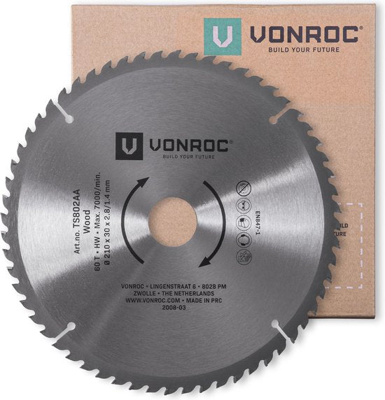 Lame de scie VONROC - 210mm - 60 dents - pour le bois - convient aux scies à table et aux scies à tronçonner