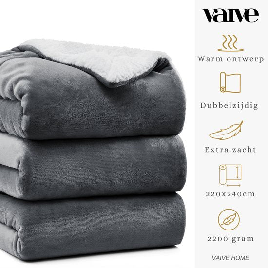 VAIVE Couverture de luxe en polaire Sherpa 220x240 cm - Super douce - Plaid pour le canapé, le lit ou la décoration du salon - Couvertures - Plaids - Couverture - Gris