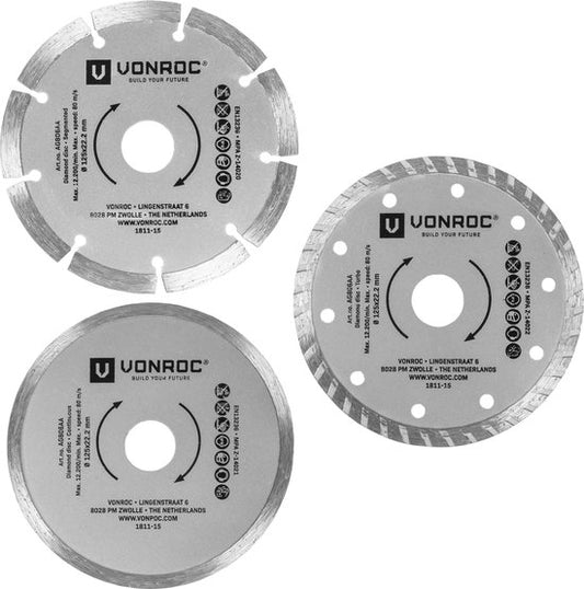 VONROC Jeu de disques diamantés - Ø125MM - universel - 3 pièces - Segment, Turbo & Full Edge