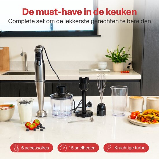 Pied mixeur - AoraKitchen - Set de 6 Piece - 1000W - Turbo - Mousseur à lait - Hachoir - Verre doseur - Fouet