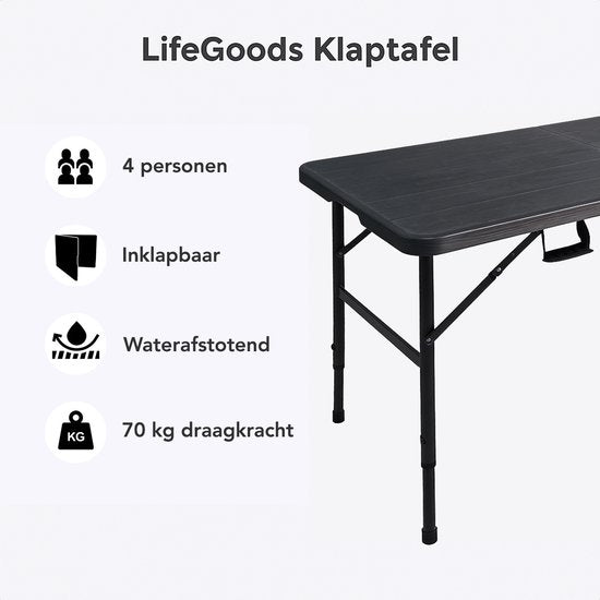 LifeGoods Table pliante - 124x61.5 cm - Table pliante robuste - Résiste aux intempéries - Table de salle à manger pliante - Table de camping - Table pliante pour l'intérieur et l'extérieur - Grain de bois noir