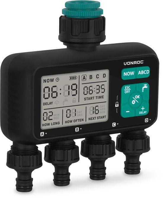 VONROC 4-way water timer - Ordinateur d'arrosage pour 4 zones - Temps et fréquence d'arrosage réglables par zone