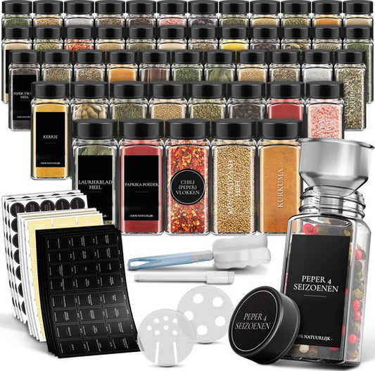 Soothe 48 pots à épices en verre carrés avec couvercle noir - 2 types de couvercles à saupoudrer - Spice Spreader - pots à épices - set complet avec stickers à épices, stick à craie et accessoires - 120ml