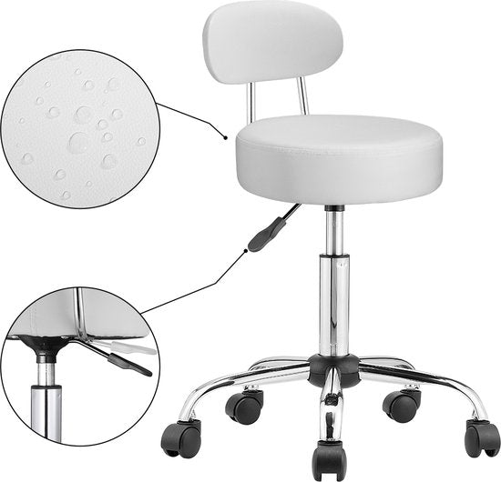 Casaria Tabouret pivotant avec dossier - Réglable en hauteur sur 360° - Blanc