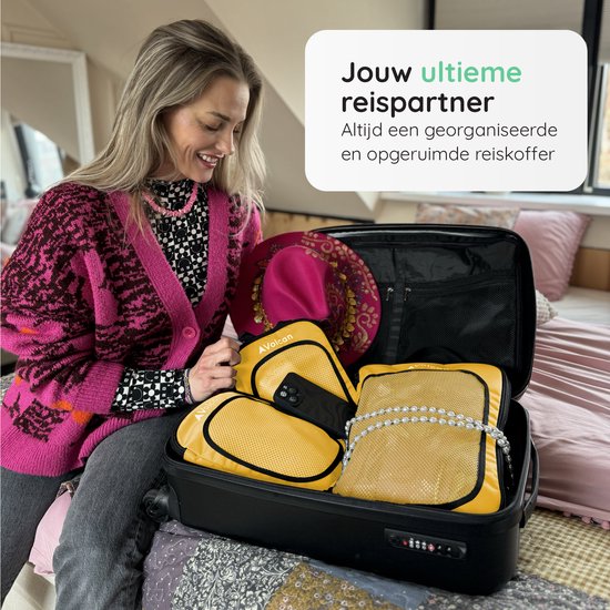 Cubes de compression Volcan - Organiseur de valise - Avec zips de compression - Sac à dos et valise - Lot de 4 - Ocre