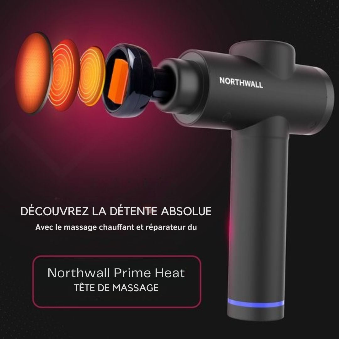 Pistolet de massage Northwall - avec étui et 7 accessoires dont une tête de massage à chaleur - sportif - relaxation puissante - sans fil - noir