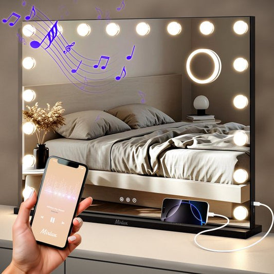 Mirlux Hollywood Mirror 80x60CM - 2 haut-parleurs Bluetooth - ports de charge USB et USB-C - éclairage LED - miroirs de maquillage - zoom 10x - suspendu - noir
