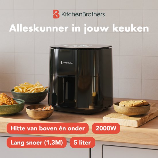 KitchenBrothers Airfryer XL - 5L - 2000W - Friteuse à air chaud - Double chauffage - 80ºC à 200ºC - 8 programmes de cuisson - Noir