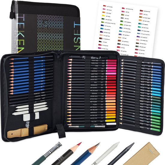S.old Crayons de couleur - Set de crayons - Crayons de croquis - Set de dessin 97 pièces - Dessin au fusain - Gomme, taille-crayon et étui inclus