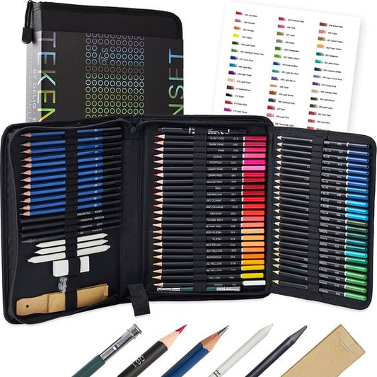 S.old Crayons de couleur - Set de crayons - Crayons de croquis - Set de dessin 97 pièces - Dessin au fusain - Gomme, taille-crayon et étui inclus