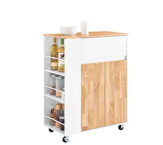 SoBuy Chariot de cuisine à roulettes - Armoire de cuisine avec plan de travail en bois d'hévéa, meuble de cuisine indépendant pour salle à manger et coin café 70 x 40 x 90 cm Blanc FKW132-WN