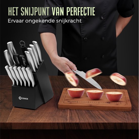 COOCK - Set de couteaux avec bloc et planche à découper pliante - Couteaux de cuisine avec ciseaux et acier d'affûtage (aiguiseur de couteaux) - Set d'ustensiles de cuisine 17 pièces dans un bloc à couteaux - Avec revêtement résistant aux rayures - Entièr