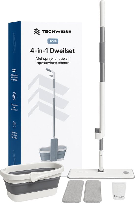 Techweise Système de nettoyage 4 en 1 avec vaporisateur et seau pliable avec 2 vadrouilles supplémentaires en microfibre - Ensemble de nettoyage avec fonction de vaporisation - essuie-plancher - vadrouille - vadrouille avec essoreuse