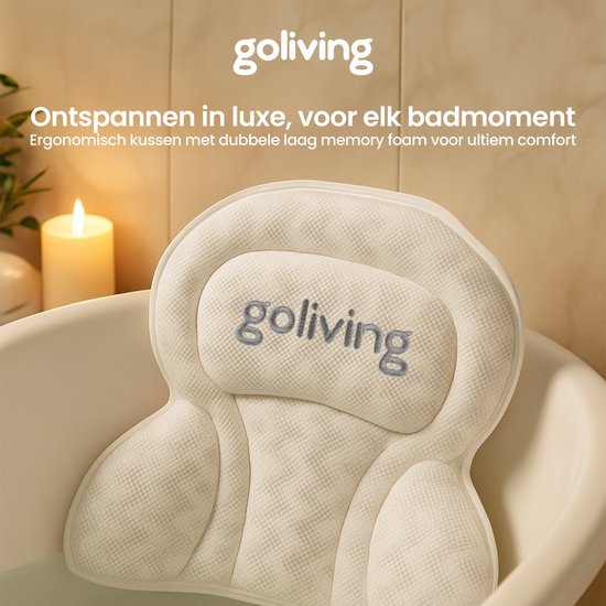 Coussin de bain Goliving - Coussin ergonomique pour le bain - Avec 6 ventouses - Sac de lavage inclus - Antidérapant, léger et imperméable - 100% Polyester - Blanc