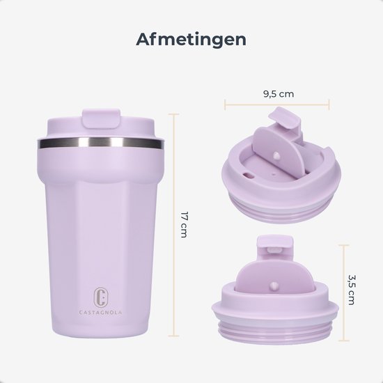 Castagnola Thermos Cup - Coffee Mug To Go - Travel Mug for Coffee and Tea - Tea Mug - 380 ML - Stainless Steel - Light Purple - Octagon