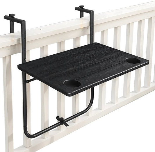 Goliving Table de balcon - Pliante - Suspendue - 60 x 40 cm - Réglable en 3 hauteurs - Résiste aux intempéries - 2 porte-gobelets - Noir