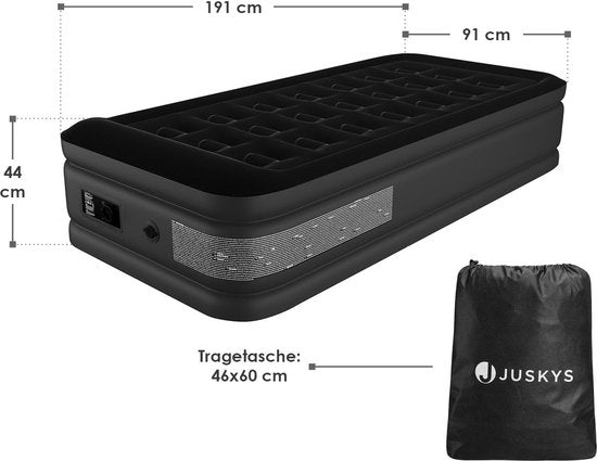 Juskys - Lit gonflable autogonflant - 191 x 91 x 44 cm avec pompe électrique intégrée - capacité de charge de 150 kg et sac de transport inclus - pour le camping et les invités - PVC noir
