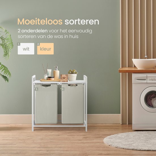 O'DADDY® Laundry Basket 2 Boxes - Trieur de linge extensible avec étagère - 76 litres - 73 x 33 x 72 cm - Pieds réglables - Assemblage facile - Multifonctionnel et élégant - Métal - Blanc