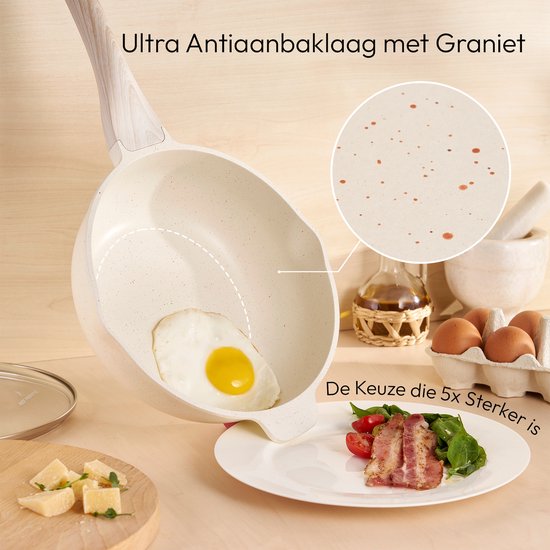Just Perfecto 12 Pieces Induction Pans Set - Beige Pans Set With Lid For Gas and Induction - PFAS free - Cold grips
