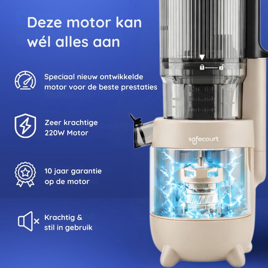 Safecourt Kitchen Slow Juicer - moteur puissant [Technologie de pré-coupe et de pression à froid] - nettoyage facile - sans BPA - juicer Beige
