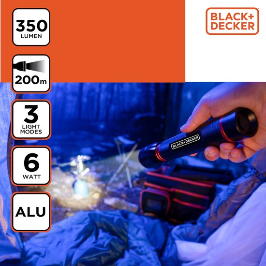BLACK+DECKER Lampe de poche LED 350 Lumen - 6W - 200M de portée - 3 modes d'éclairage : Haut, Bas, Pulsation - Noir/Orange