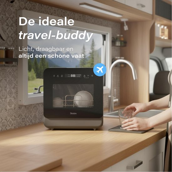 Skoov Mini lave-vaisselle avec réservoir d'eau PRO - 3 couverts - 6 programmes de lavage - Petit lave-vaisselle étroit à poser - Camping - Noir