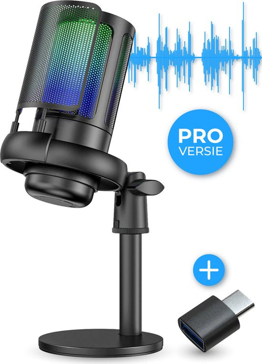 Nuvance - Microphone USB avec support - pour PC et microphone de jeu - avec filtre anti-bruit - Convertisseur USB-C inclus - Microphone de streaming - RGB