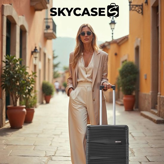 SKYCASES Travelin' Charm Hand Luggage Suitcase - 40L - Numerical Lock - 35x21x54 cm - Lightweight & Durable - Includes Free Pouch - Black