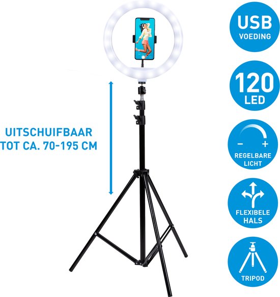 Lampe annulaire Grundig avec trépied - Lampe annulaire réglable jusqu'à 195 cm - Lampe Tiktok avec support de téléphone - Lampe annulaire pour selfie - Lampe annulaire avec 3 niveaux de lumière - Lampe de maquillage