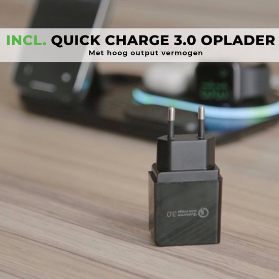 iSetchi Wireless Qi Charger 15 Watt Fast Charger (4-in-1) - Avec adaptateur Quick Charge 3.0, horloge LED et lampe LED - Station de charge Qi
