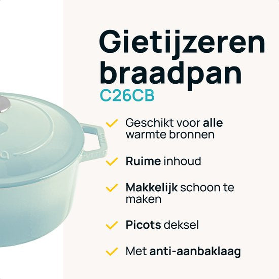 MOA Casserole en fonte - 5,7L - Pour toutes les sources de chaleur y compris l'induction - Avec couvercle - Ø 26cm - Revêtement antiadhésif - Bleu clair