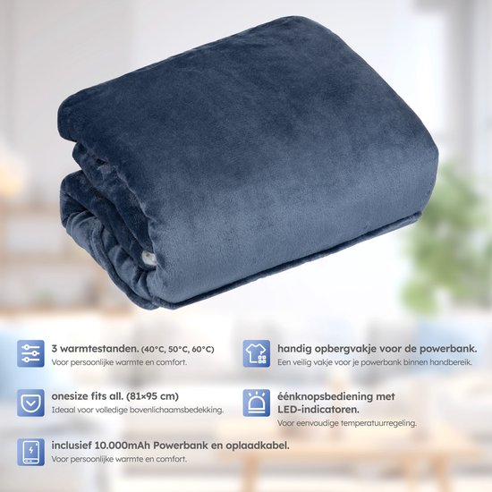 Couverture à capuche - chauffante - 3 niveaux - Snuggle Hoodie - Couverture à capuche chauffante - Snuggle - Batterie 10k mAh - Taille unique - Bleu - Saaf Comfort