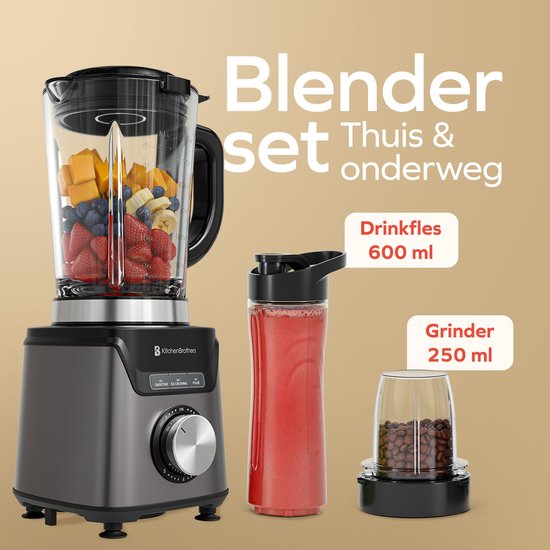 KitchenBrothers Blender avec bouteille - 1200W - 1.5L - Smoothie Maker - Ice Crusher - Gris