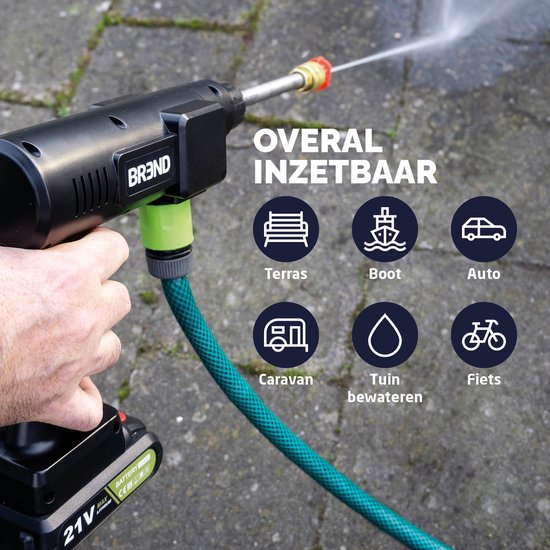 BREND BR-2235 Nettoyeur haute pression sans fil avec batterie et buse réglable - 3 modes de pulvérisation - Pulvérisateur haute pression avec tuyau d'aspiration et bouteille - Noir