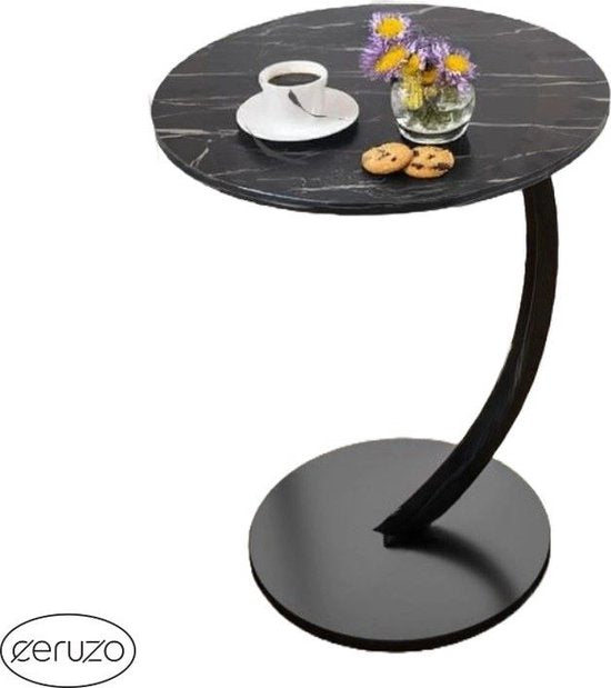 Ceruzo Side Table - Black marbled top - Round 40 cm - High 60 cm - Bench Table- C Shape