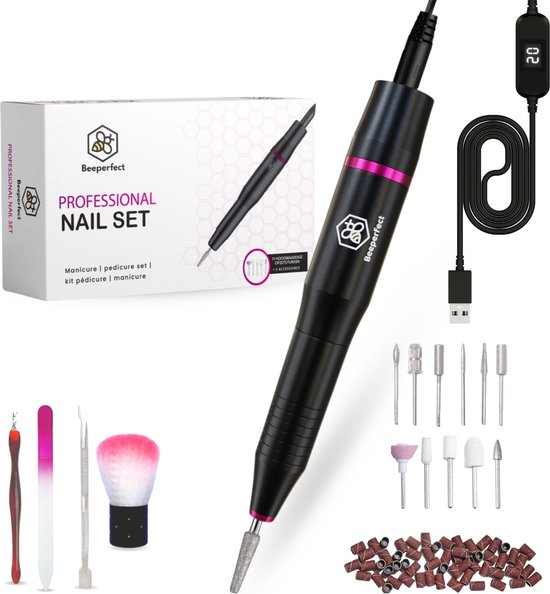 Beeperfect® Lime à ongles électrique - Routeur d'ongles - Ensemble manucure et pédicure - 12 embouts et 60 rouleaux de ponçage - 4 accessoires supplémentaires - Noir